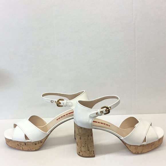 PRADA White Patent Block Heel Sandal Gold Hardware - Picture 7 of 13
